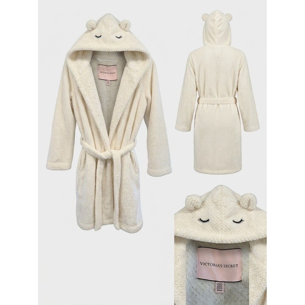 Victoria's Secret White Bear Ears Sleeping Eyes Eyelashes Night Robe Size Medium